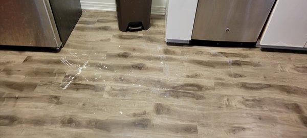 Kitchen floor was dirty. Kitchen garbage was full.