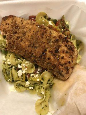 Pistachio Crusted Salmon served on Pesto Bowtie Pasta