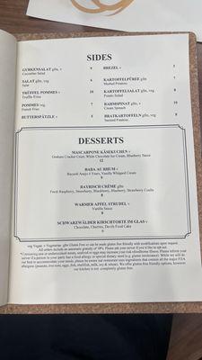 dessert and side menu