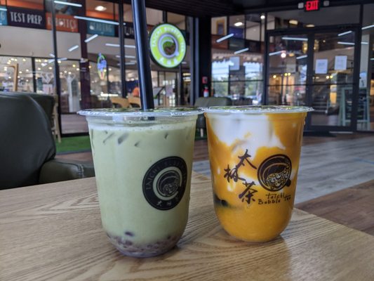 Matcha milk tea and zang Zang tea with sweet potato