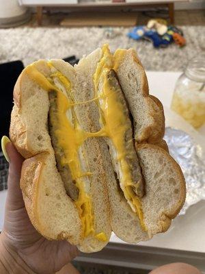 2 Eggs with Sausage and cheese on a roll