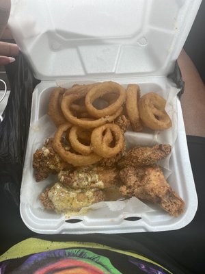 Lemon pepper & Hennessy wings w/ onion rings