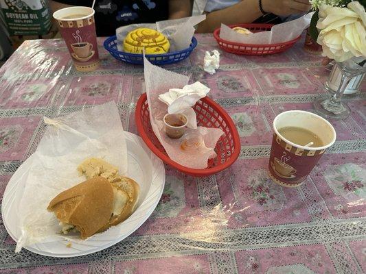 Tamal en torta, coffee, hot chocolate and concha