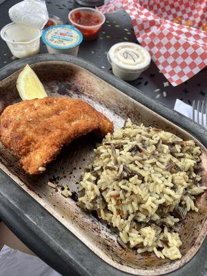 fried walleye with rice pilaf