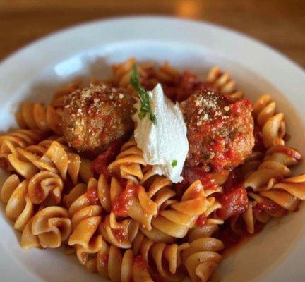 Handmade Meatballs, Grande Fusilli, Herbed Whipped Ricotta