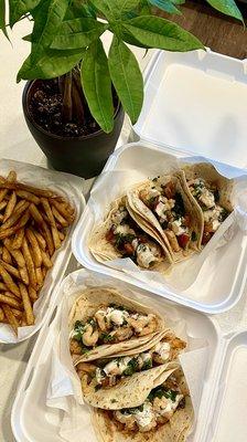 Shrimp Tacos and seasoned fries