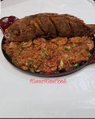 Jerk Fried Red Snapper over a Creole Jambalaya.