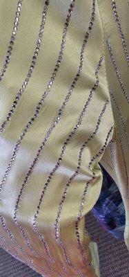 The photo shows the damage to the dress. The dress shows fraying and small rips all over, particularly in the sleeves.