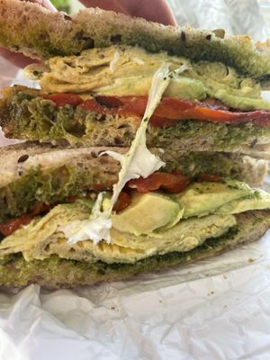 Egg, mozz, pesto, avocado, soooo good!