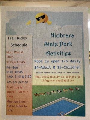 Pool charge and hours. Horseback riding charge and hours.