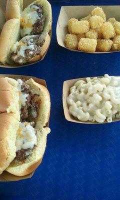 Sliders with tots and mac & cheese, $8 each