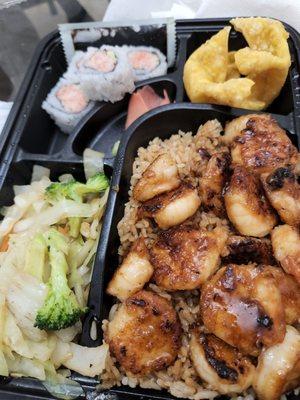 Bemto box Shrimp teriyaki  Veggies  Crab ragoon Crab roll