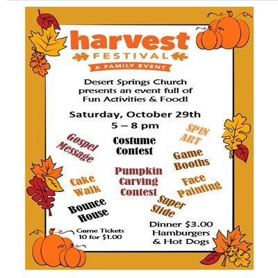 Join us for HARVEST FESTIVAL - A FAMILY EVENT on Saturday, October 29th from 5 to 8pm. FOOD, GAMES, FACE PAINTING & COSTUME CONTEST!