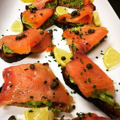 avocado toast with smoked salmon for a brunch party