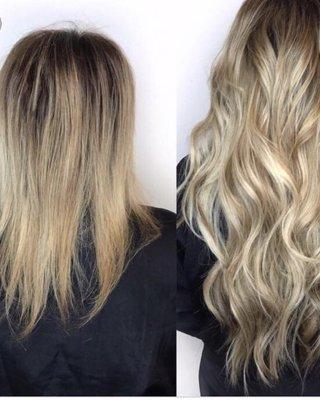 Premium 100% human hair extension with blonde balayage color. Custom strand by strand