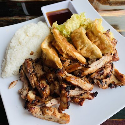 Teriyaki Chicken and Gyozas Combination with steamed rice and cabbage (lunch)