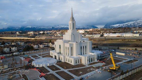 Orem Utah Temple on a winter dusk day by a drone on March 15, 2023. Official Website is TempleScoop.com