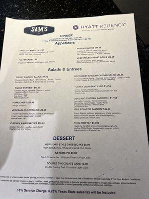 Dinner menu