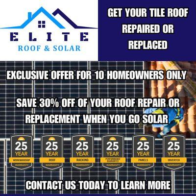 Save 30% off of your tile roofing services when you go solar!