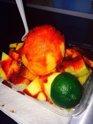 Mangonada con fruta. $5. Cash only. Includes mango, cucumbers, pineapple, and melon. Someone slap me!