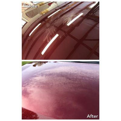 Scratches in hood paint corrected before and after.