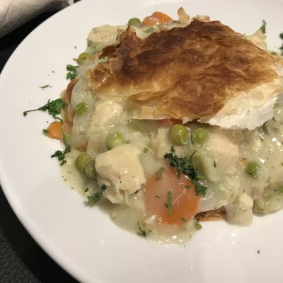 Commonwealth Chicken Pot Pie ($15) is topped with a crispy pastry shell accompanied with seasonal vegetables