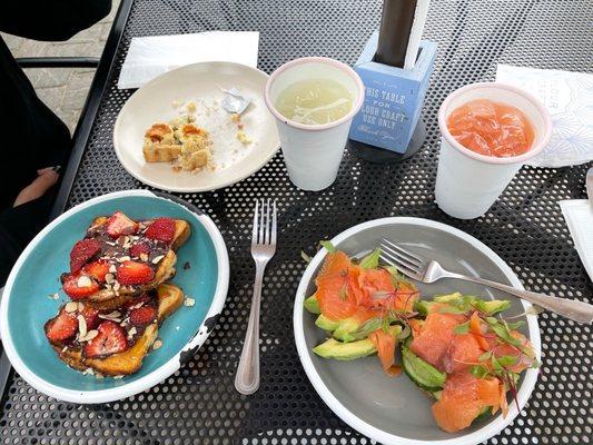 Quiche remains, Nutella toast, savory bagel of the day (pesto, avocado and lox).