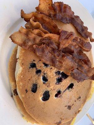 Blueberry short stack and well done bacon