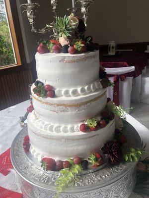 "Naked " wedding cake with fruit