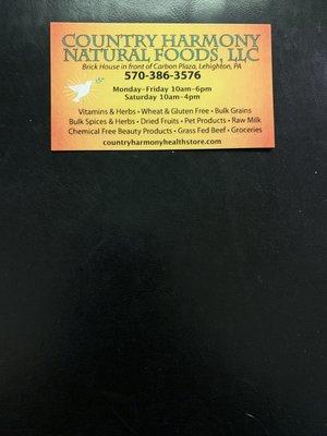 Business Card with our Phone number and hours