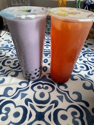 Taro bubble tea (good) and strawberry tea (too sweet even after shaking it up).