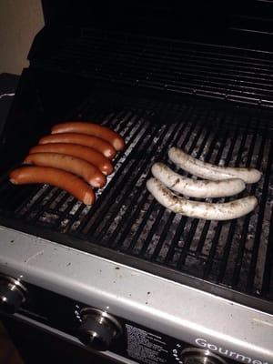 Smoked Debreceners on the left and boiled Bratwurst on the right. Grilled up nicely during Game 1 of World Series and delicious!