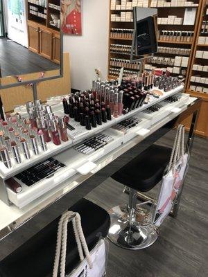 Our motto "try before you buy"; check out our lip colors (regular, liquid, pencils and long-wearing) from our new consultation table!