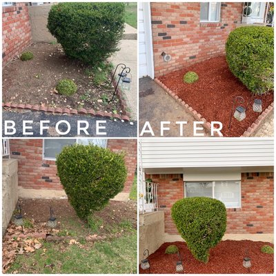 Before and after a clean up and mulch done by Rosembarg Lawn Care!