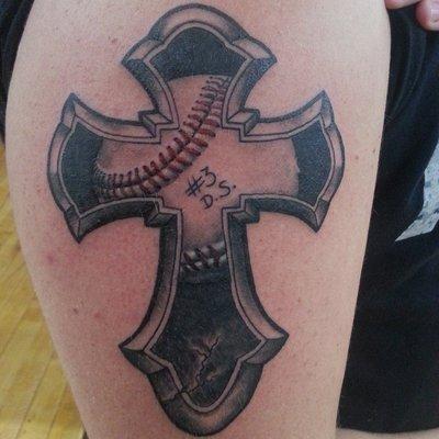 Cross and baseball memorial tattoo by Ben Lashley