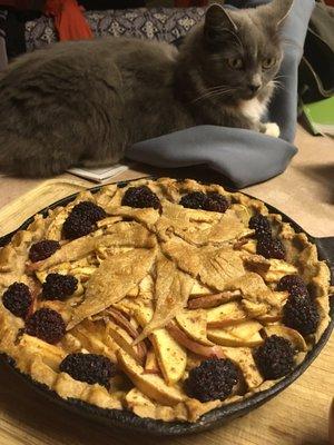 Apple and marionberry pie with pastry leaves