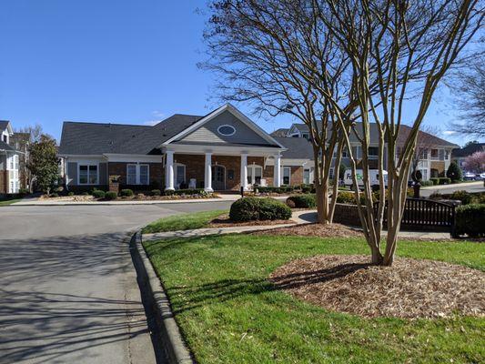 Outside Bell Meadowmont's clubhouse and leasing office at Meadowmont Village. I took this picture on March 7, 2020.