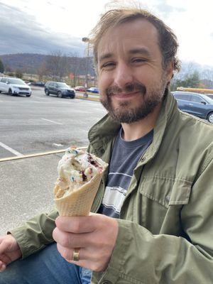 Birthday Cake & Snickerdoodle in a waffle cone