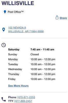 hours of operation for Willisville, Arkansas post office