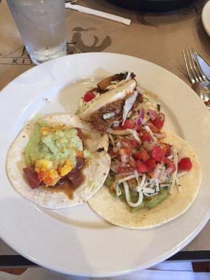 Korean BBQ pork bun, ahi tuna taco, and shrimp taco