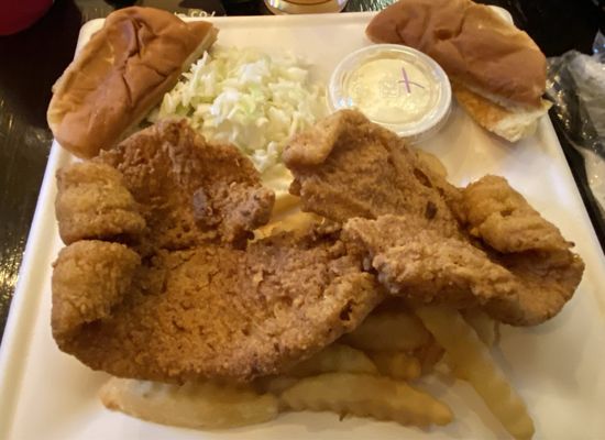 Flounder dinner with fries and Cole slaw