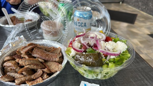 Greek Salad with gyro & warm pita (in foil) lunch special & free water or can of soda