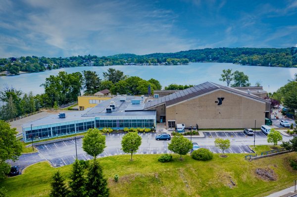 An aerial view of the Greendale Family Branch YMCA with Indian Lake and Worcester in the background. Learn more at: https://www.ymcaofcm.org