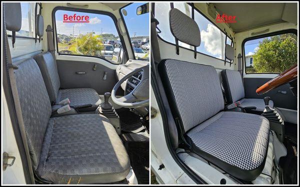 Before and after shots of my Subaru Sambar's seat covers done by Nathan at Nakana's Upholstery.