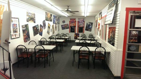 One of our two game rooms for organized play of Magic, HeroClix, Pathfinder, Yu-Gi-Oh, Star Wars X-Wing & D&D.