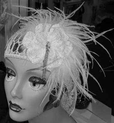 Bridal Hair Net with feathers and crystal bling