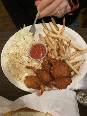 Shrimp basket, mac salad, cole slaw, fried.