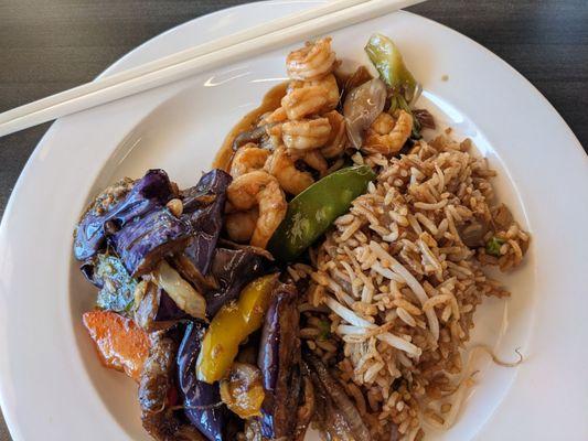 Veggie Fried Rice, Stir Fried Shrimp & Broccoli, and Stir Fried Eggplant and Veggies