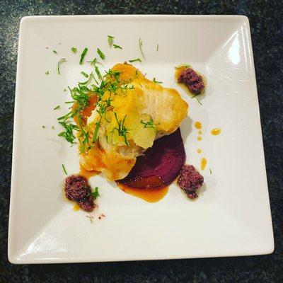 Halibut Cheeks | beets, blood orange beurre blanc, olive tapenade