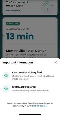 Mask requirements stated via app